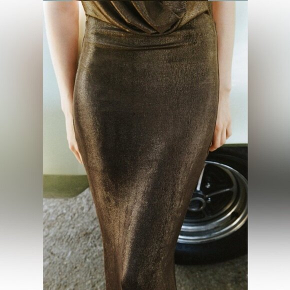 ZARA LONG FOIL HALTER DRESS - Picture 4 of 6